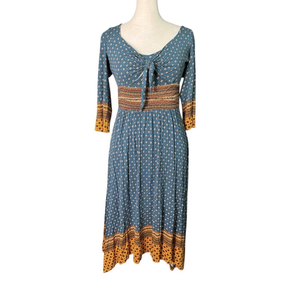 Anthropologie Maeve Womens Small Blue Beloved Tie Front 3/4 Sleeve Midi Dress